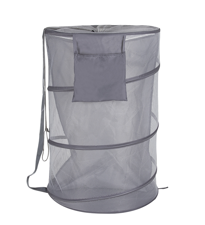 Cylindrical mesh pop-up laundry hamper with shoulder strap