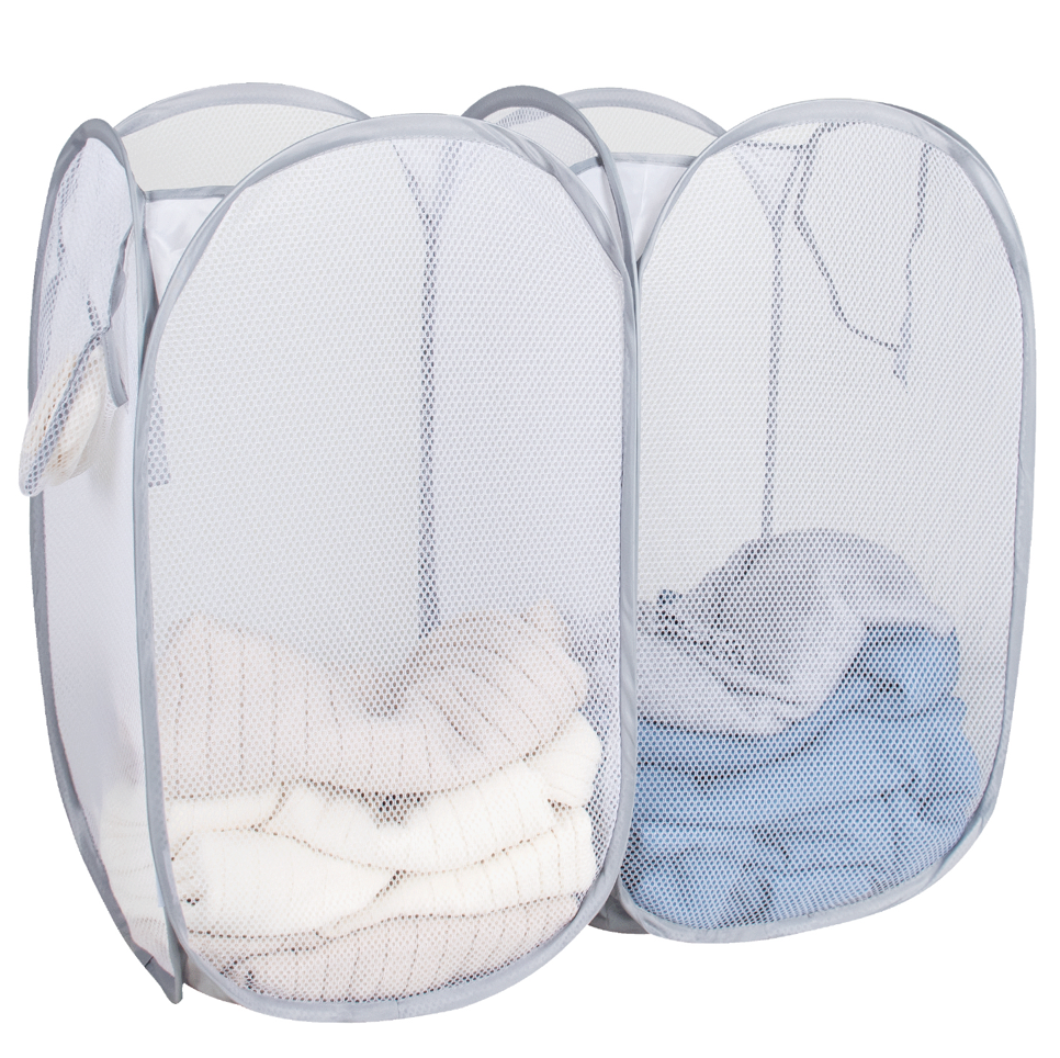 Double-compartment mesh pop-up laundry hamper
