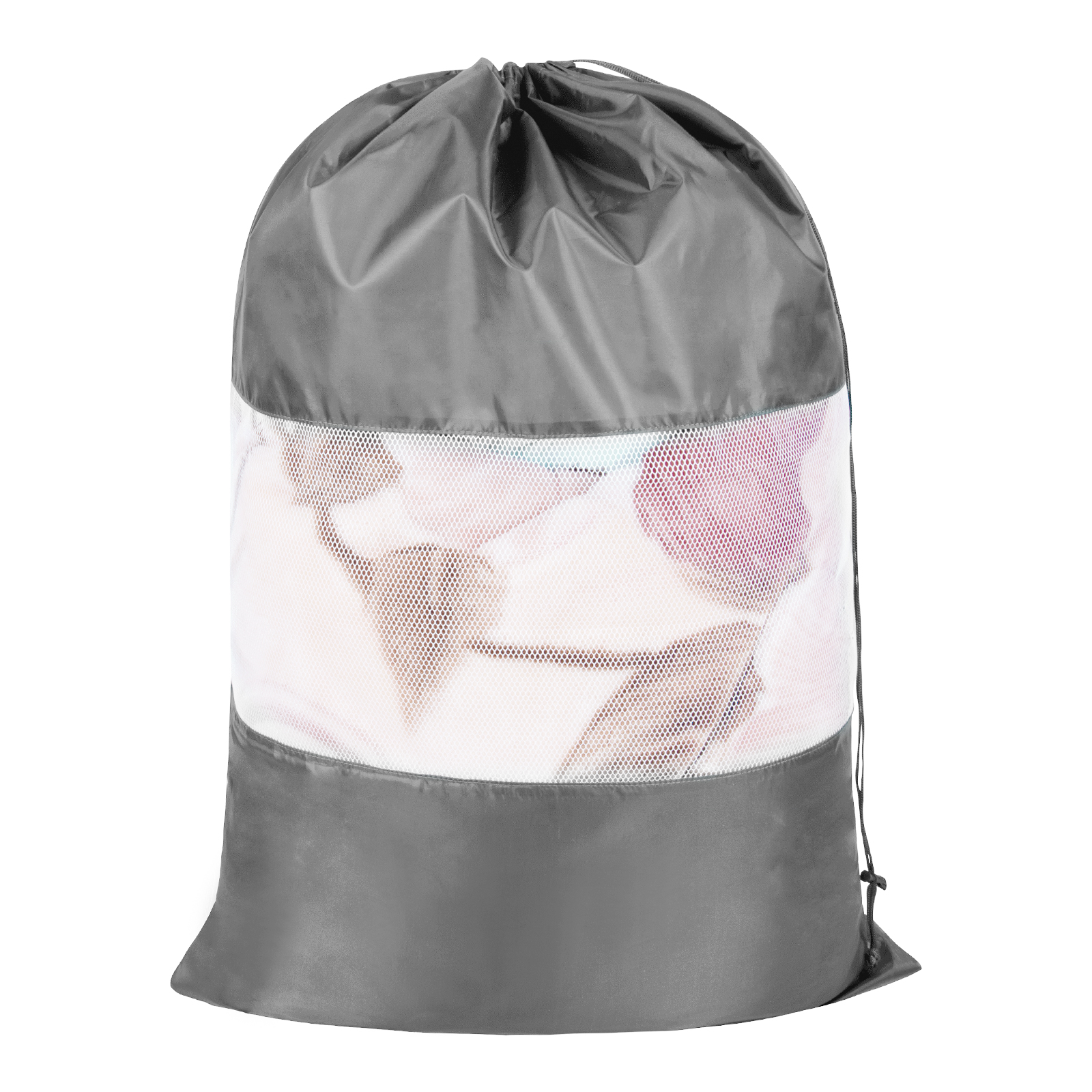 Grey drawstring laundry bag with mesh window